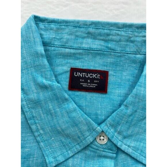 UNTUCKit Blush Button Down Shirt Long Sleeve Collared 100% Linen Aqua Size 6 NEW - Picture 4 of 6